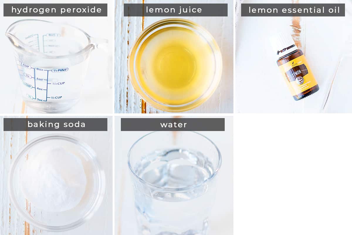 Image containing recipe ingredients hydrogen peroxide, lemon juice, lemon essential oil, baking soda, water.