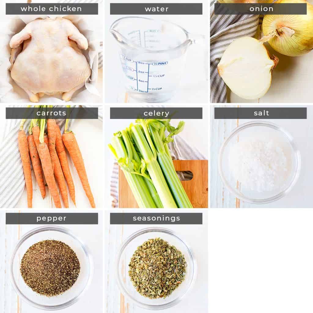 Recipe ingredients chicken, water, onion, carrots, celery, salt, pepper, seasonings.