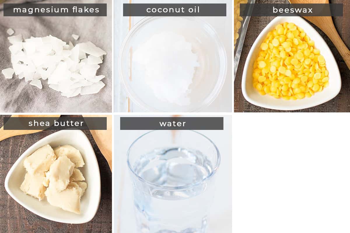 Image containing recipe ingredients magnesium flakes, coconut oil, beeswax, shea butter, water.