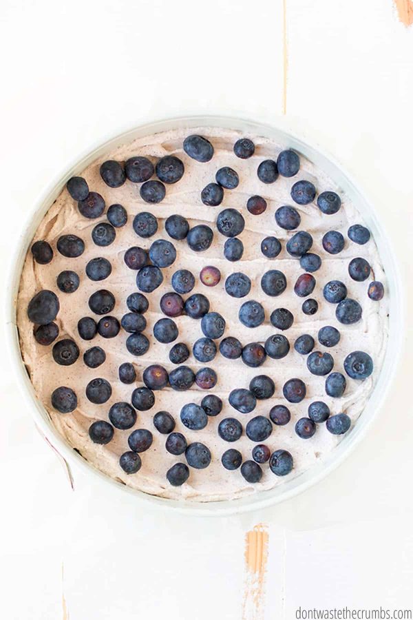 This no bake coconut cream pie contains blueberries in the filling. It is within a springfoam pan and ready to be eaten!