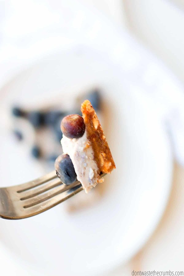 Close up view of a fork with a bite size portion of the no bake blueberry coconut cream pie