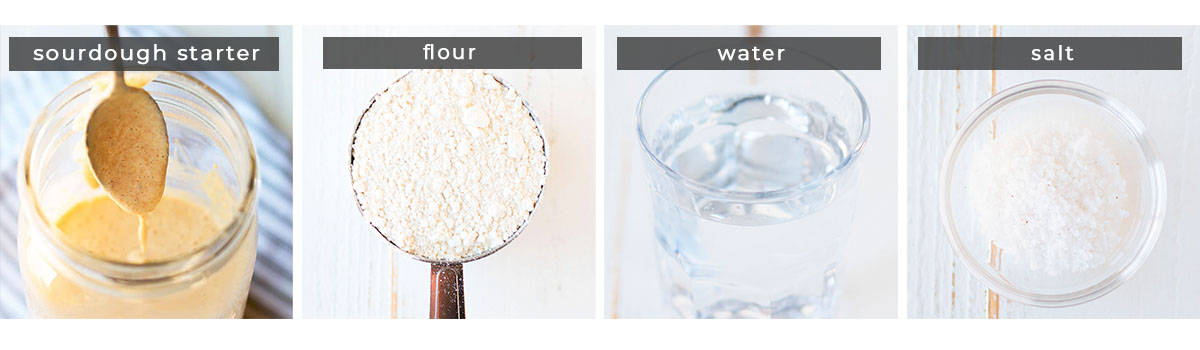 Image showing recipe ingredients sourdough starter, flour, water, and salt.
