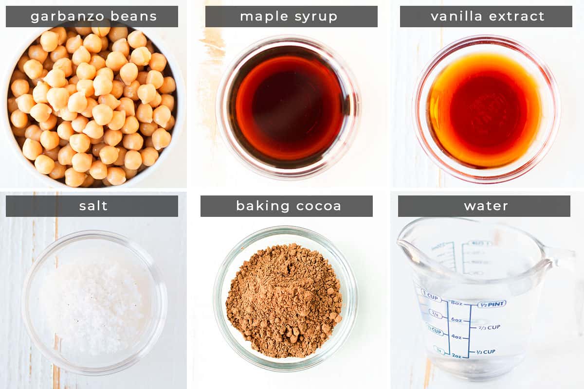 ingredients: garbanzo beans, maple syrup, vanilla extract, salt, baking cocoa, water