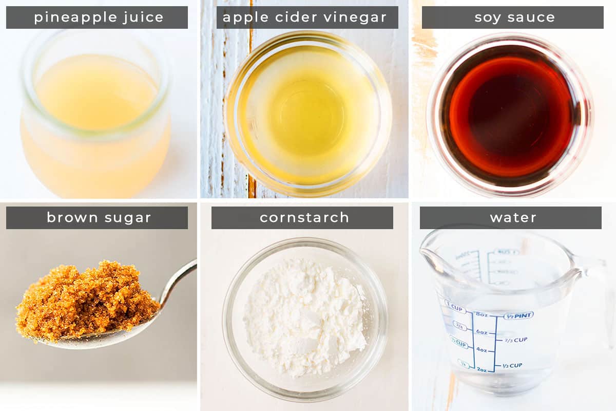 Image containing recipe ingredients pineapple juice, apple cider vinegar, soy sauce, brown sugar, cornstarch, and water.