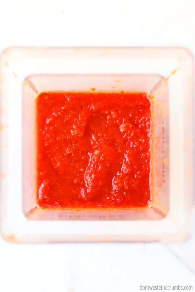 Frshly blended sauce for Instant Pot chicken tinga  inside of a Blendtec blender. 