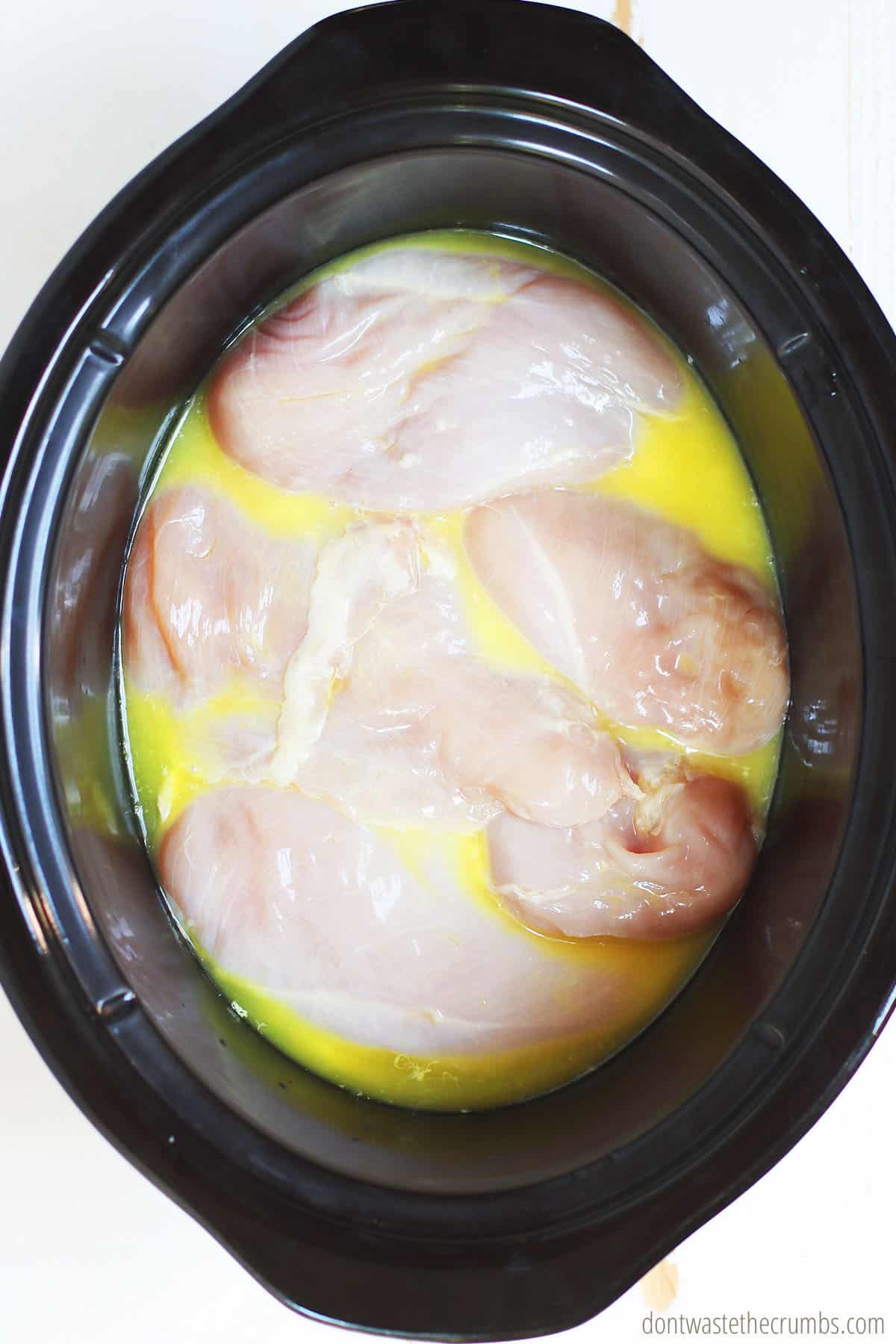 Raw chicken on the bottom of the slow cooker with the cooking liquid poured over, getting ready for the pepperoncini to be added.