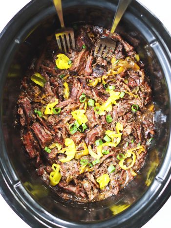 This Mississippi Pot Roast in the slow cooker with just 4 ingredients! Easiest, most tender, most flavorful, and juiciest roast you'll ever make in the crockpot!