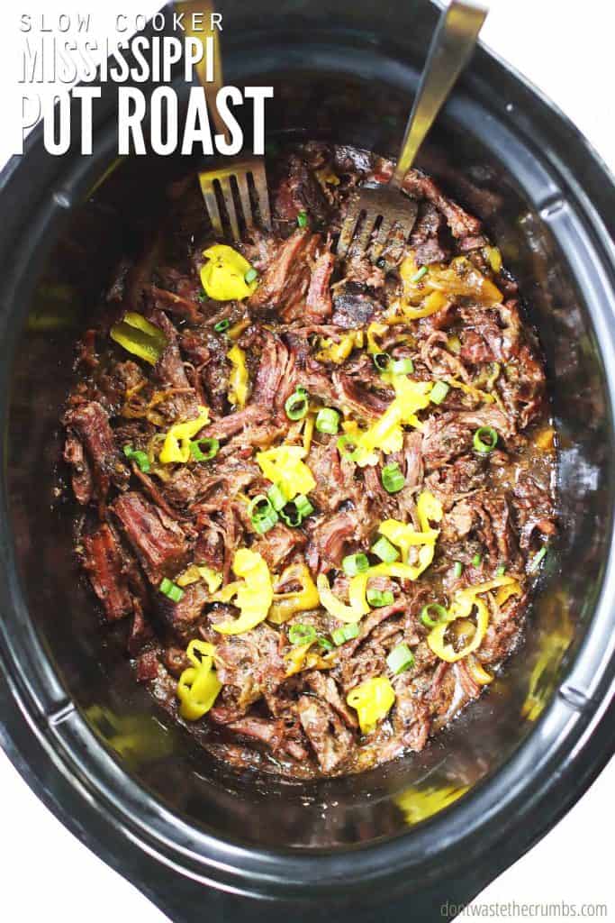 This Mississippi Pot Roast in the slow cooker with just 4 ingredients! Easiest, most tender, most flavorful, and juiciest roast you'll ever make in the crockpot!