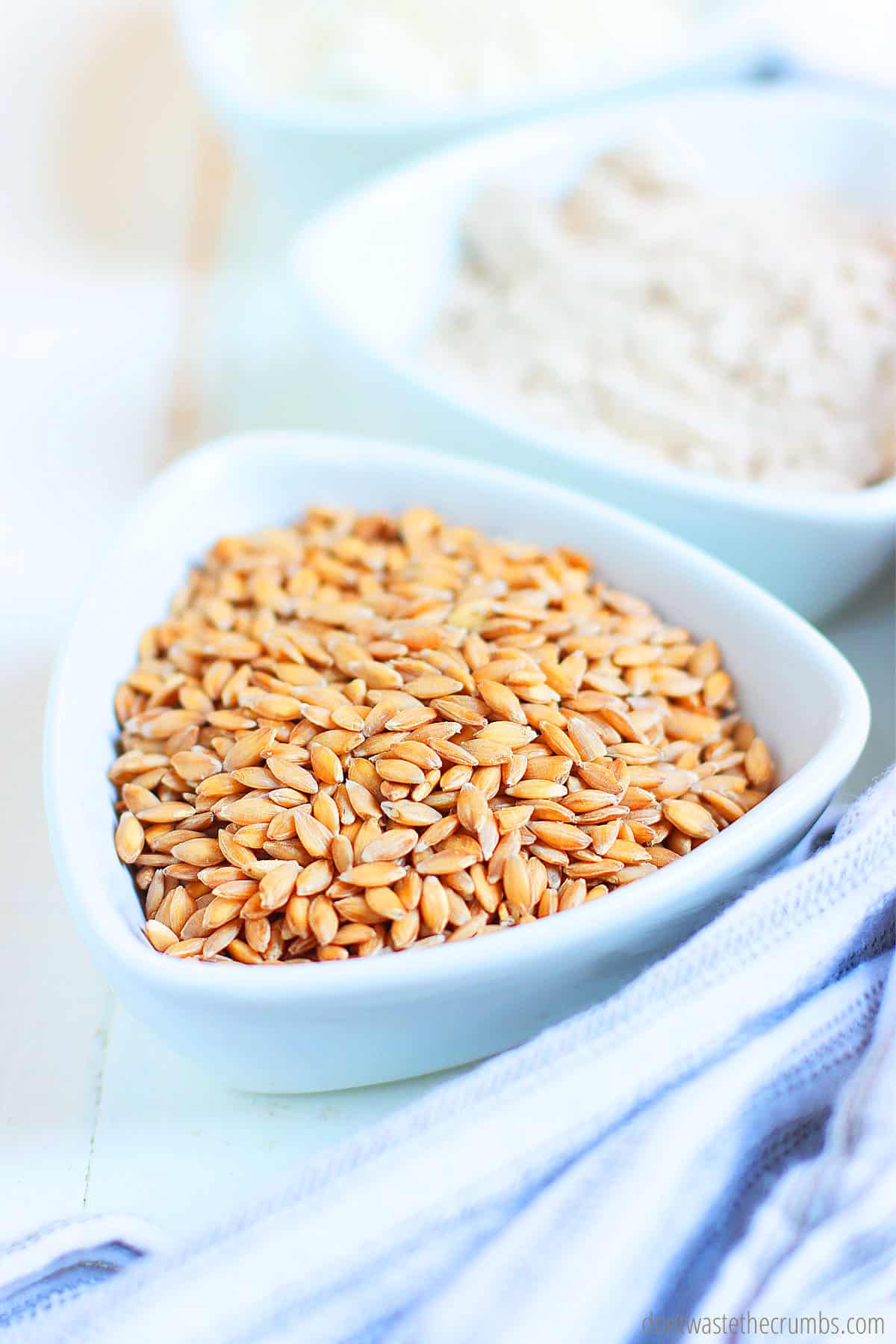 A bowl of einkorn wheat berries, also with einkorn flour. 