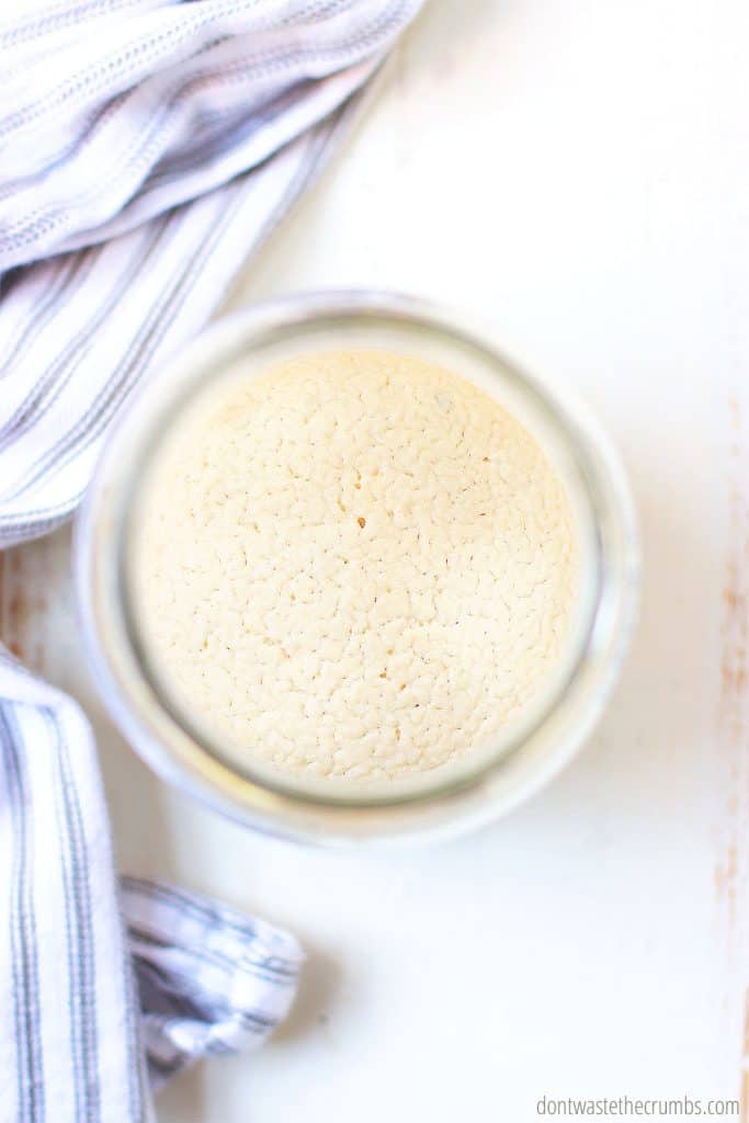 This sourdough starter is gluten free and ready to be used in a glass jar on a table.