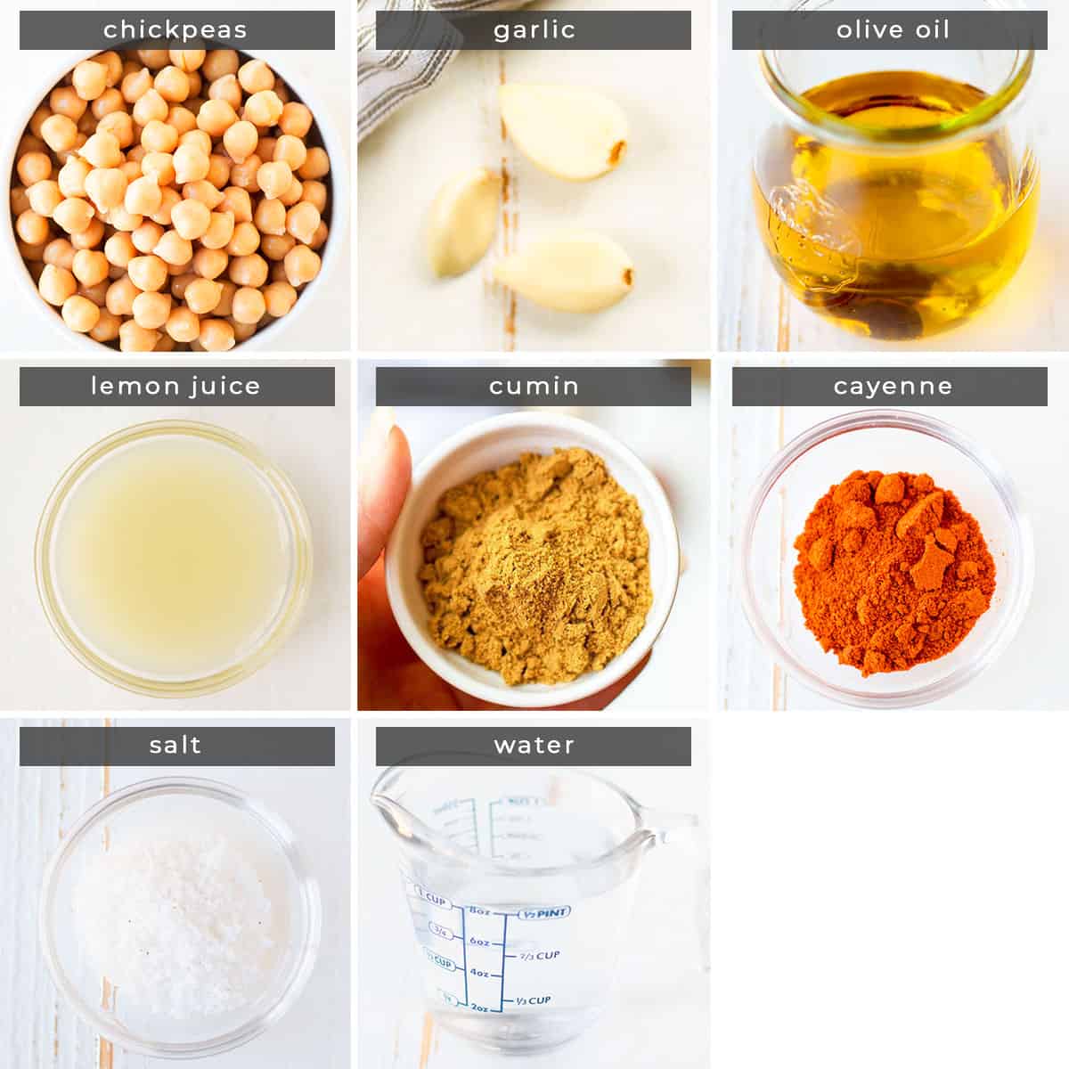 Image showing recipe ingredients chickpeas, garlic, olive oil, lemon juice, cumin, cayenne, salt, and water.