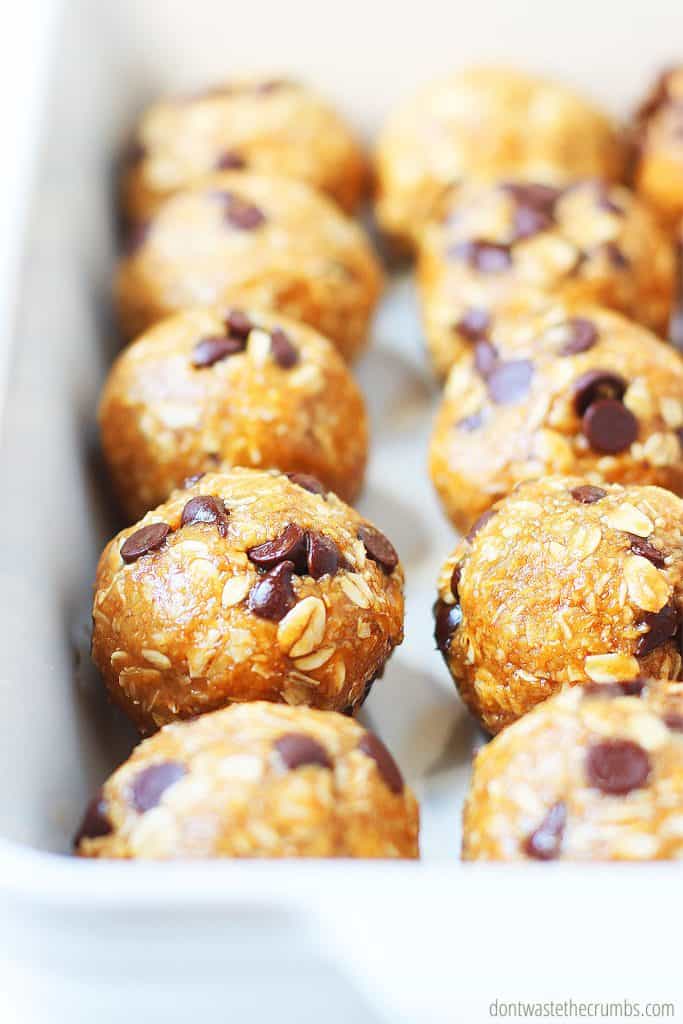 These peanut butter oatmeal energy bites are ready to be put in the freezer. 