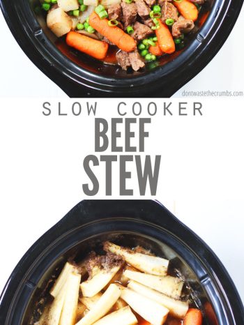 This slow cooker beef stew is a great source of protein and fiber! Just dump and go! It's SO easy to make and loaded with flavor. Try my Instant Pot baked potatoes or my light and fluffy sweet potato biscuits as a side.