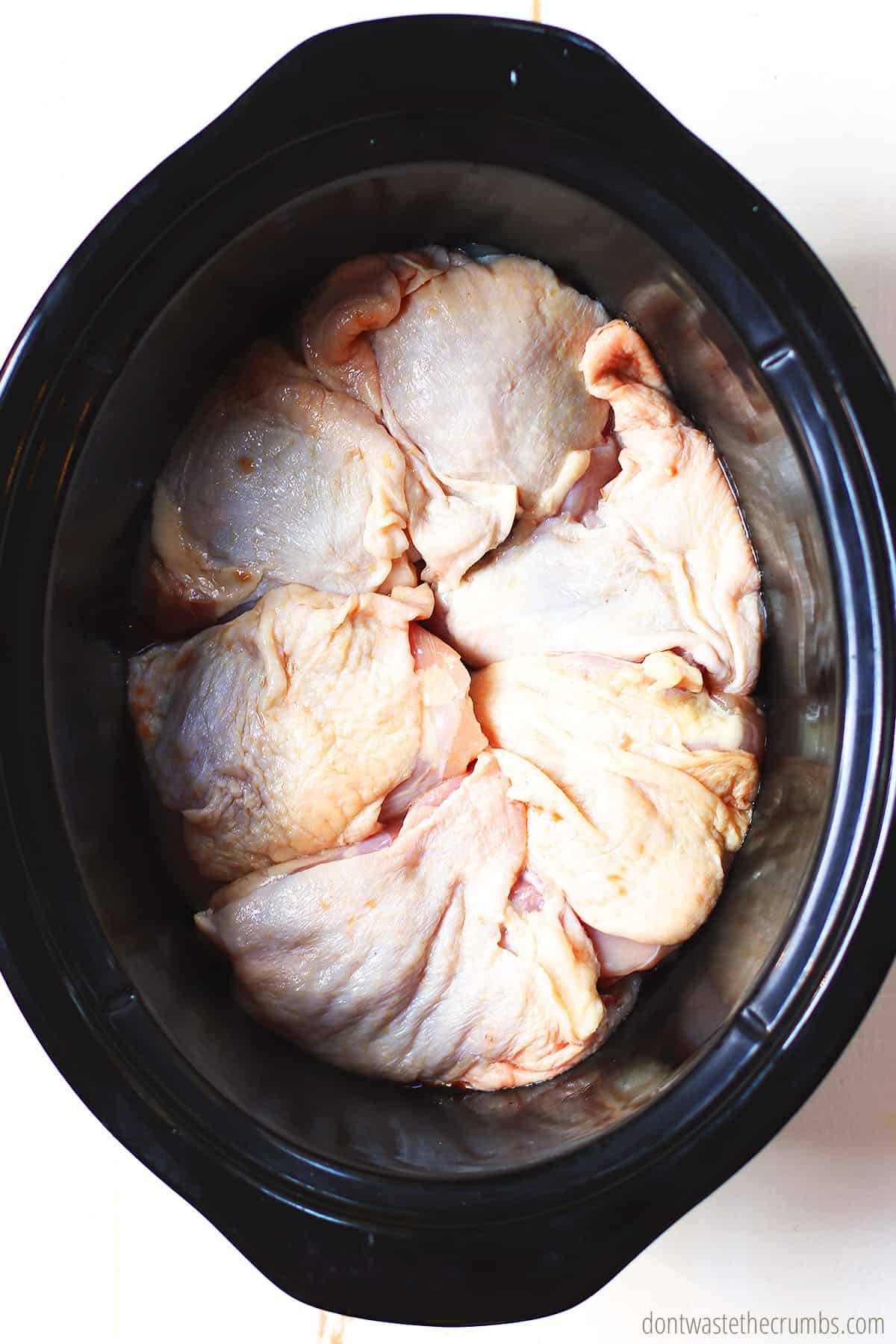 Raw chicken thighs placed in the bottom of an oval crockpot ready to be seasoned and cooked