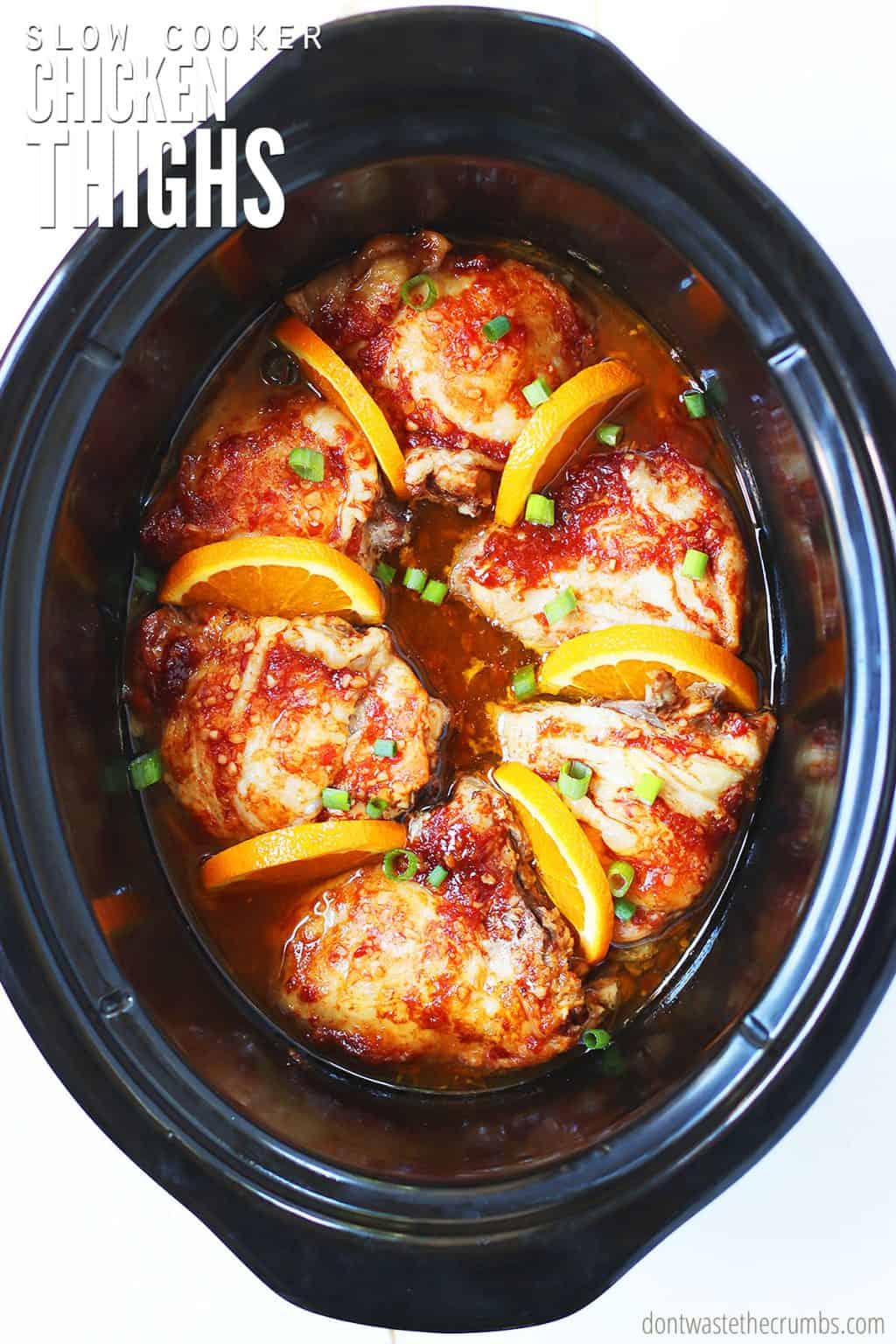 Easy Slow Cooker Chicken Thighs Recipe - Don't Waste the Crumbs