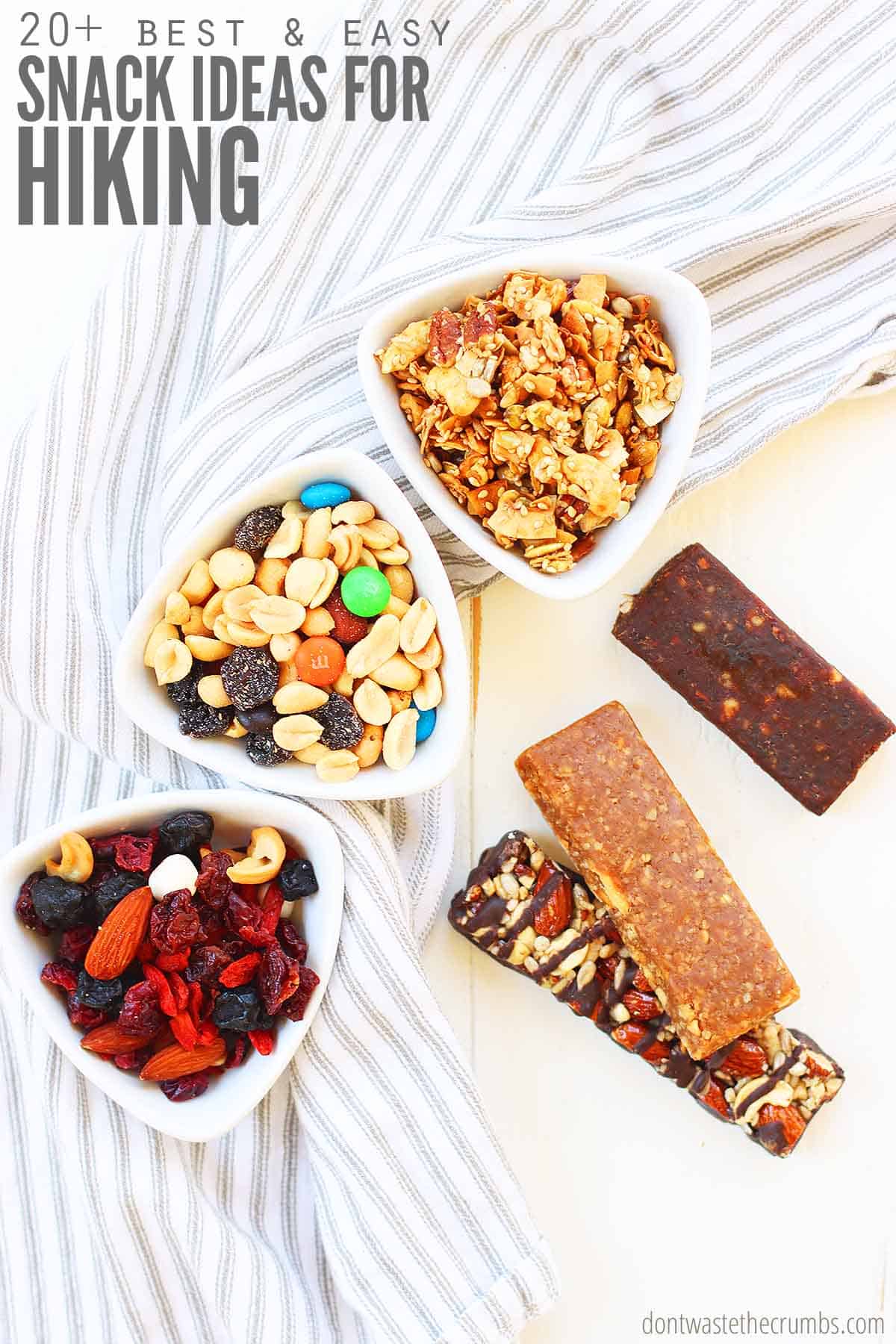 Here are the snacks best for hiking. Granola bars, trail mix, protein bars.