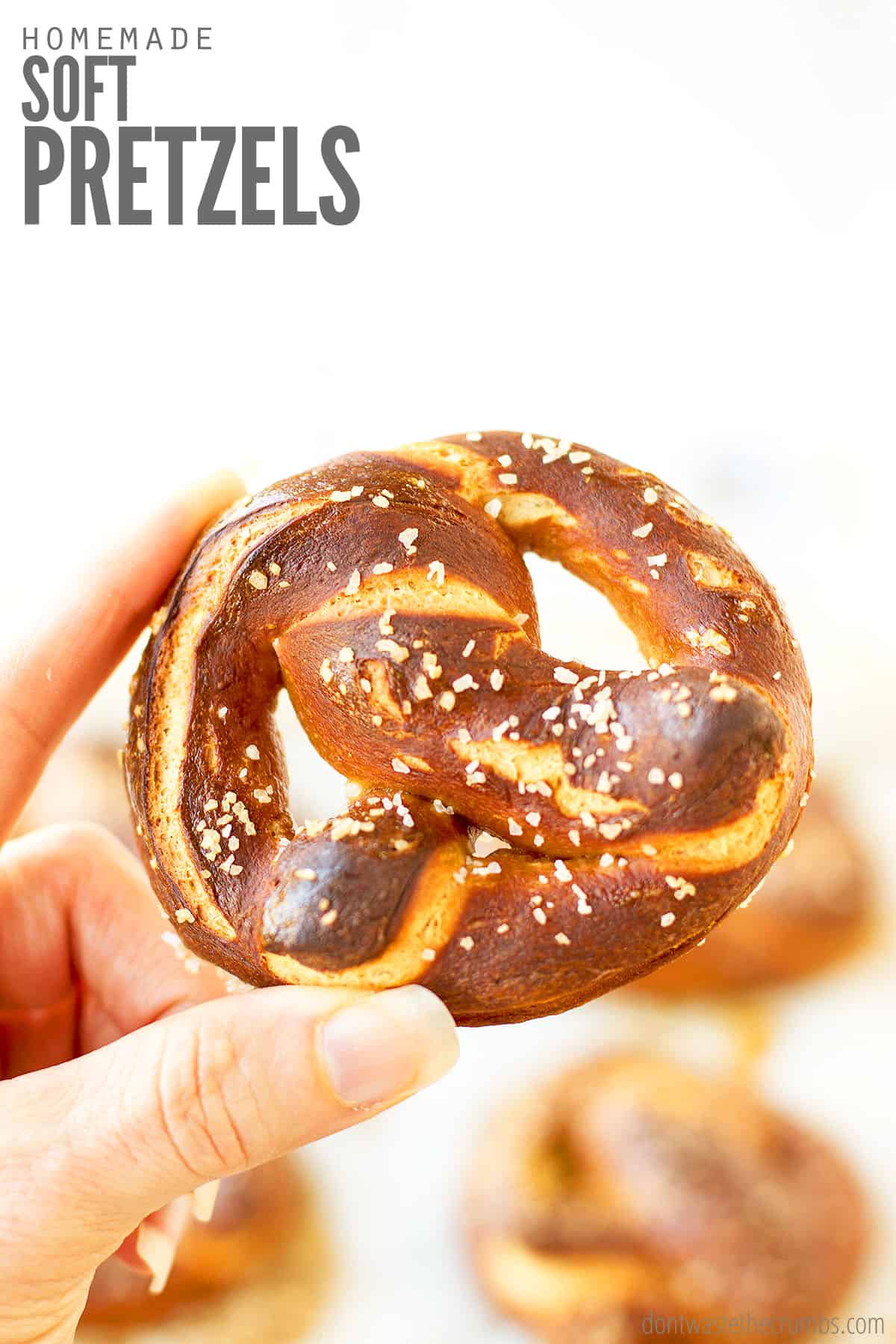 Homemade soft pretzel with salt sprinkled on top. Text overlay reads, "Homemade Soft Pretzels."