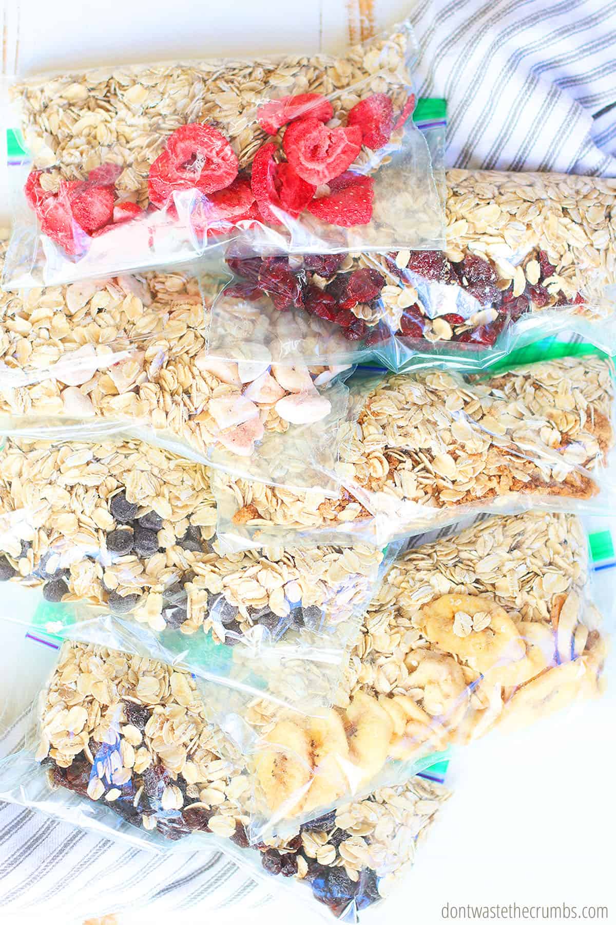 Ziplock bags with homemade instant oatmeal packets stacked on each other.