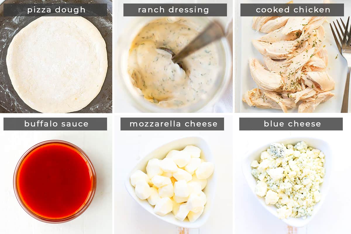 Image with recipe ingredients pizza dough, ranch dressing, chicken, buffalo sauce, mozzarella cheese, and blue cheese.