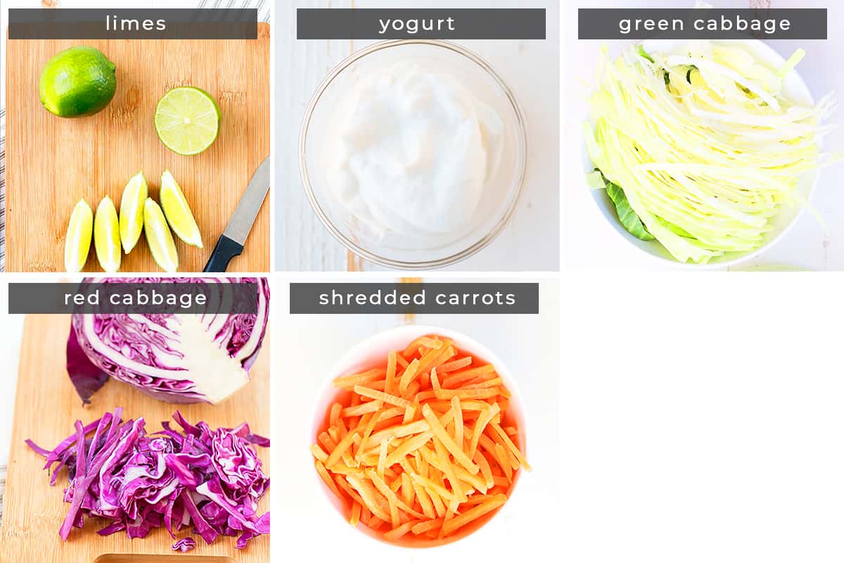 Image containing recipe ingredients limes, yogurt, green cabbage, red cabbage and shredded carrots. 