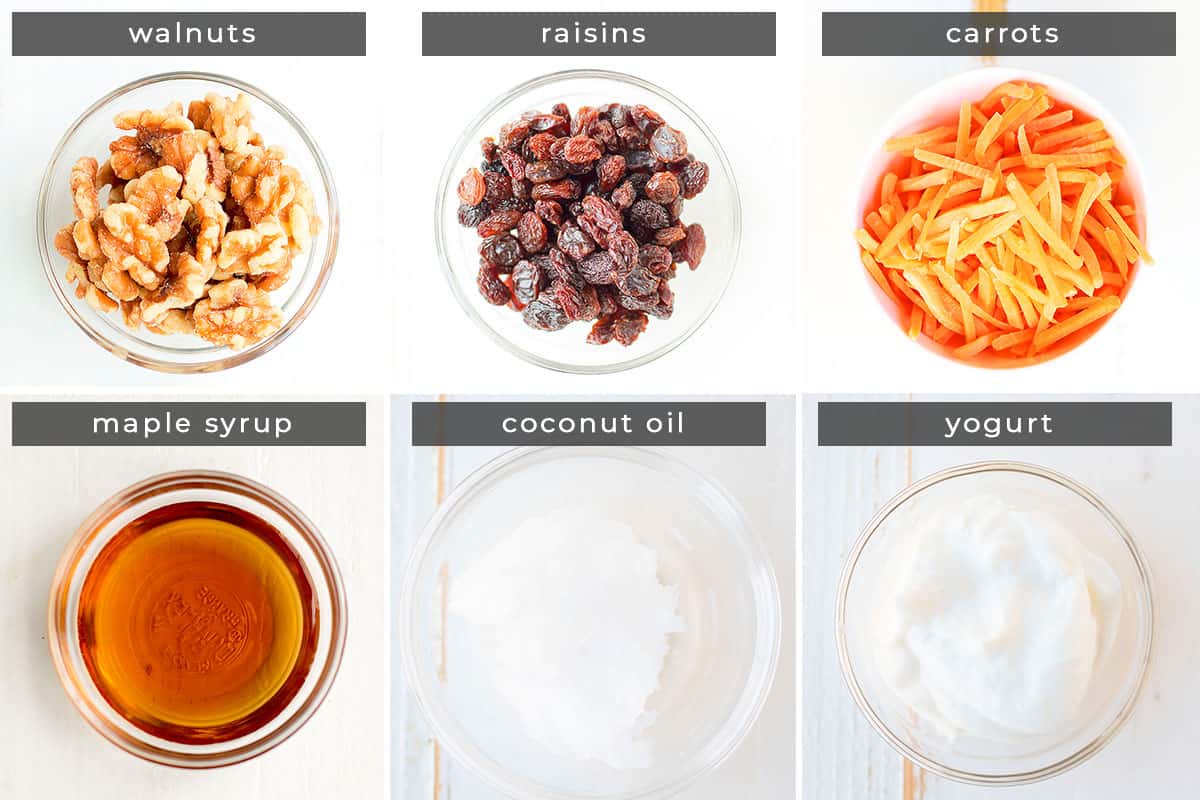 Image containing recipe ingredients walnuts, raisins, carrots, maple syrup, coconut oil, and yogurt.