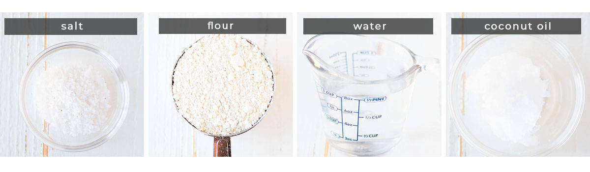 Image containing recipe ingredients salt, flour, water, coconut oil.