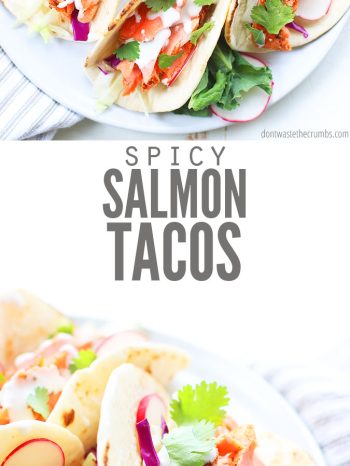 These salmon tacos are super quick & easy to make, oh-so-flavorful, and perfect for busy weeknights. Plus, they’re adaptable to your spice preference and customizable with your favorite toppings. Serve perfectly with my black beans recipe and Instant Pot sweet potatoes.