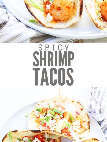 Spicy shrimp tacos and creamy slaw tucked into flour tortillas are loaded with tangy cotija, creamy avocado, and juicy mango salsa in this easy shrimp tacos recipe! Ready in under 30 minutes!