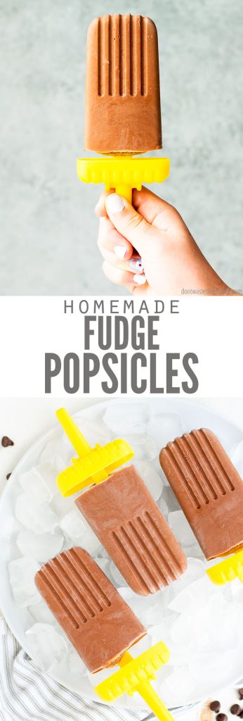 Top photo: a hand holding a homemade fudgesicle. Bottom photo: Three homemade fudge popsicles lying on top of a bowl of ice. A text overlay reads "Homemade Fudge Popsicles"