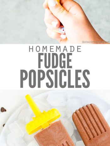 Top photo: a hand holding a homemade fudgesicle. Bottom photo: Three homemade fudge popsicles lying on top of a bowl of ice. A text overlay reads "Homemade Fudge Popsicles"