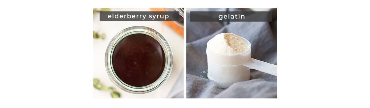 Image containing recipe ingredients, elderberry syrup and gelatin. 