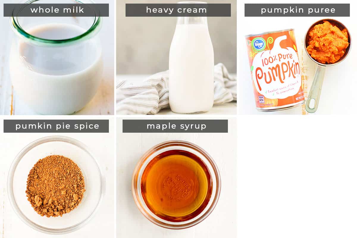 Image showing recipe ingredients whole milk, heavy cream, pumpkin puree, pumpkin pie spice, and maple syrup.