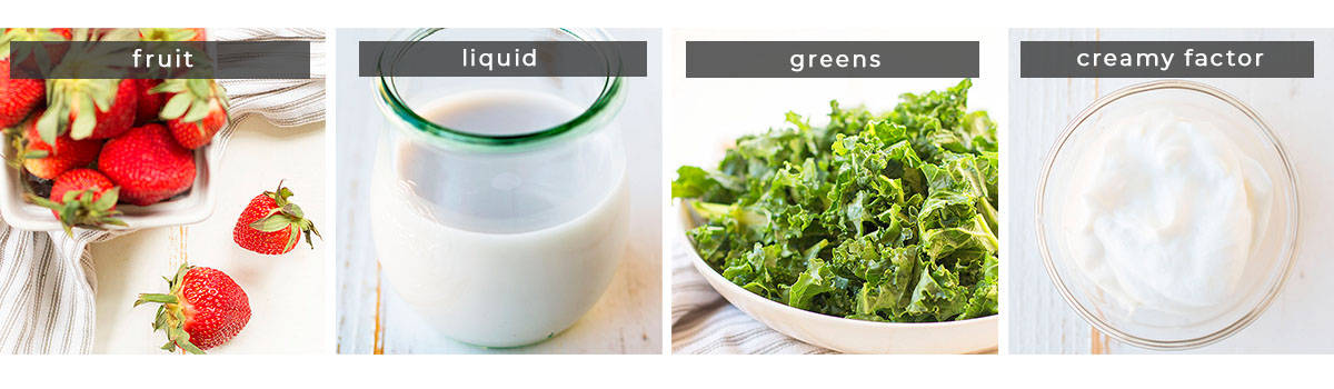 Image containing recipe ingredients fruit, liquid, greens, and creamy factor.