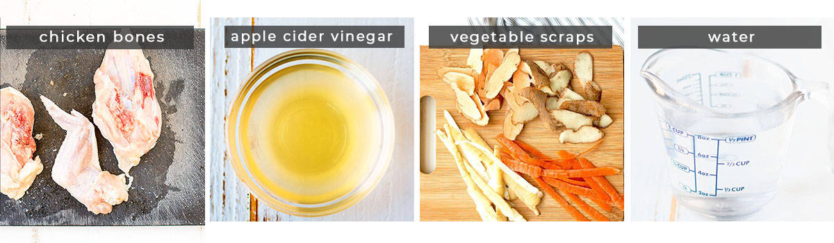 Image contains recipe ingredients chicken bones, apple cider vinegar, vegetable scraps, and water.