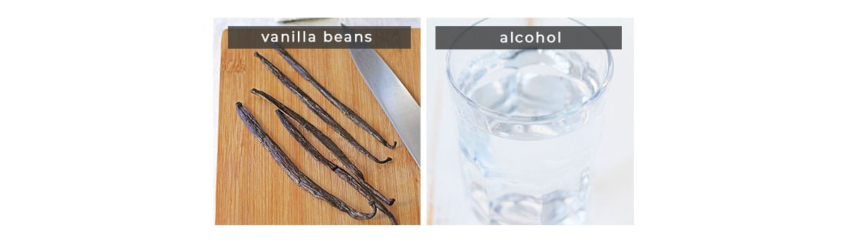 Image containing recipe ingredients vanilla beans and alcohol. 