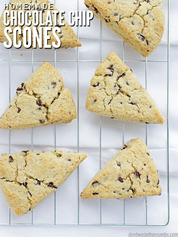 Homemade Chocolate Chip Scones on a wire cooling rack.