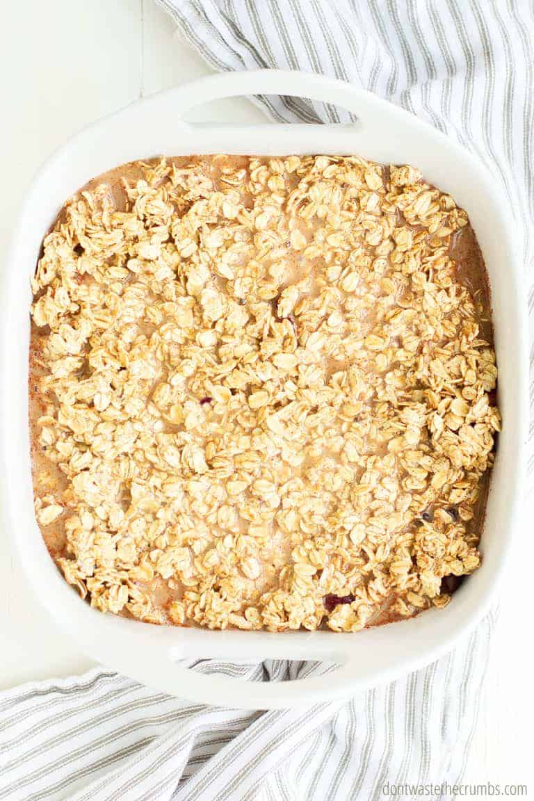 Homemade baked oatmeal in a baking dish.