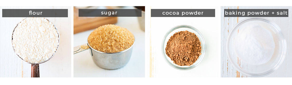 Image containing recipe ingredients flour, sugar, cocoa powder, baking powder + salt.