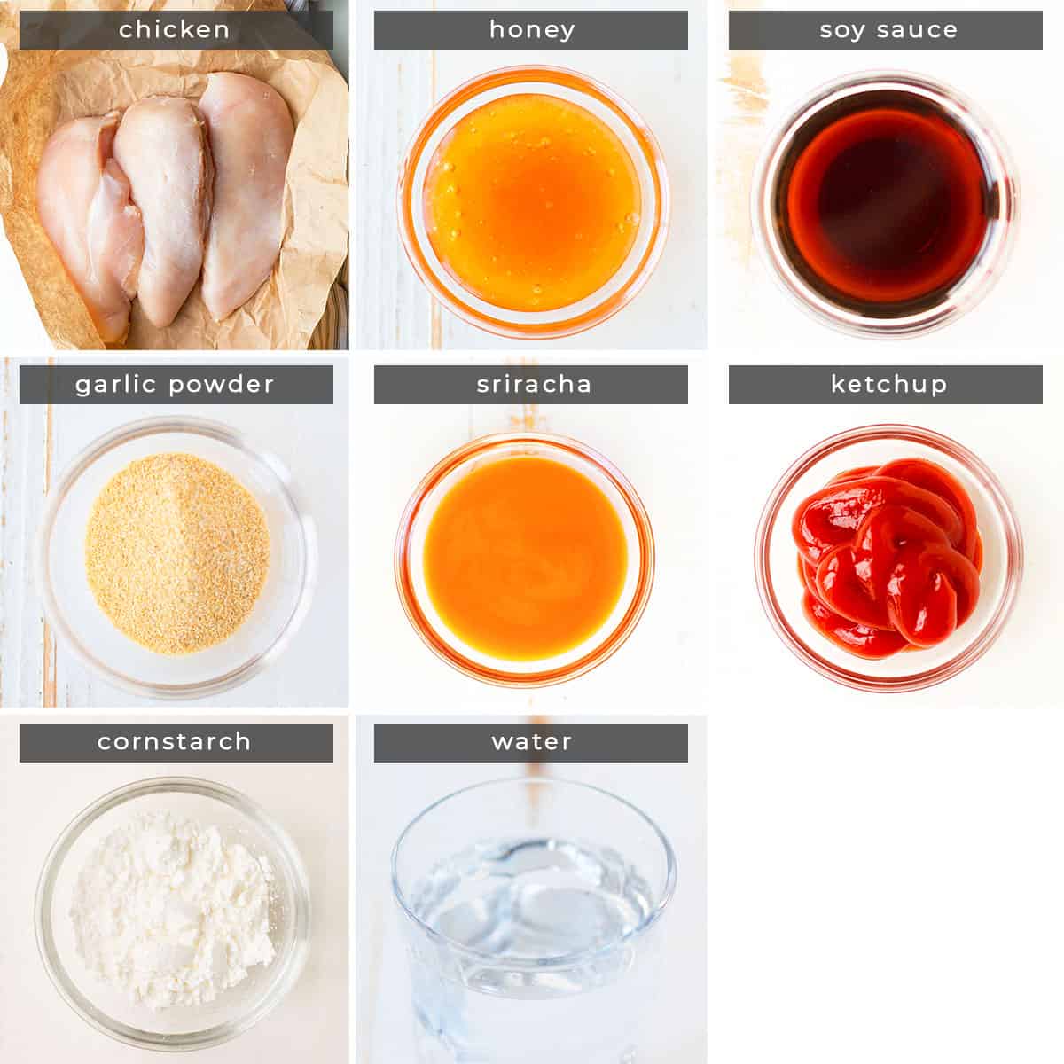 Image showing recipe ingredients chicken, honey, soy sauce, garlic powder, sriracha, ketchup, cornstarch, and water. 