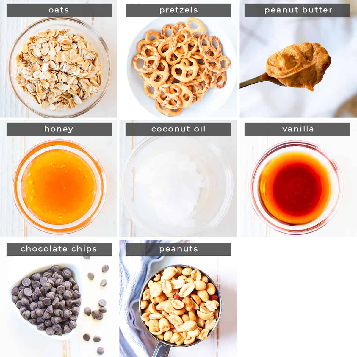 Image containing recipe ingredients oats, pretzels, peanut butter, honey, coconut oil, vanilla, chocolate chips, peanuts.