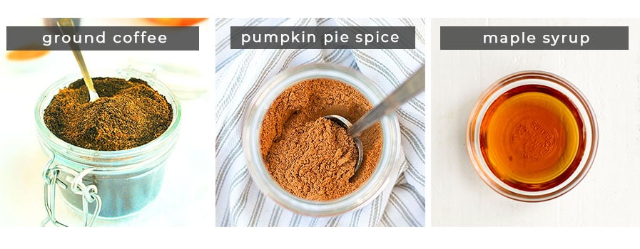 Image containing recipe ingredients ground coffee, pumpkin pie spice, and maple syrup. 