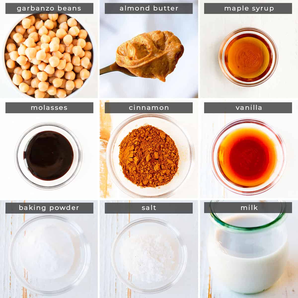 Image containing recipe ingredients, garbanzo beans, almond butter, maple syrup, molasses, cinnamon, vanilla, baking powder, salt, milk.