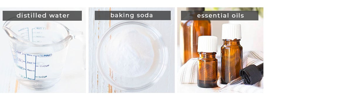 Image containing recipe ingredients distilled water, baking soda, and essential oils.