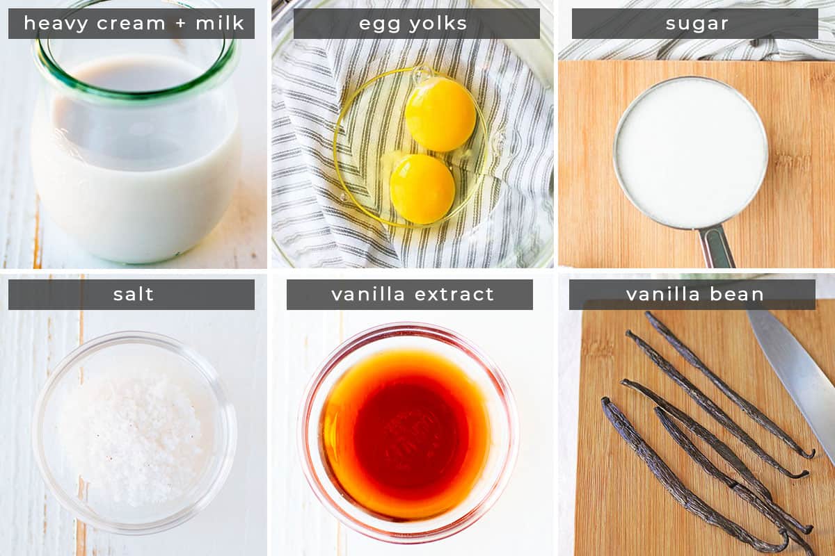 Image containing recipe ingredients heavy cream + milk, egg yolks, sugar, salt, vanilla extract, and vanilla bean.