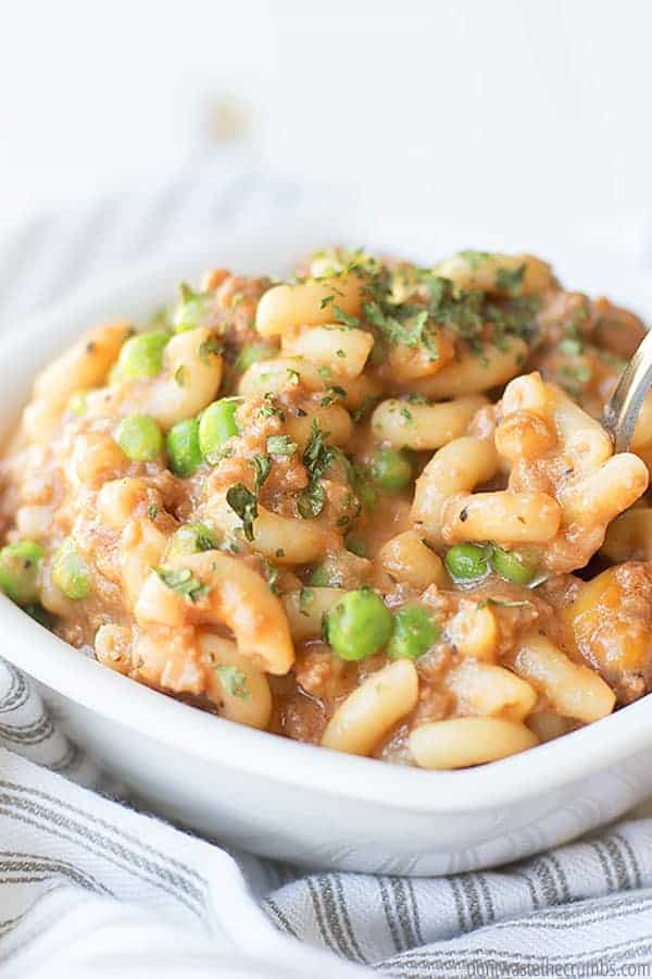 Homemade hamburger helper in a bowl.