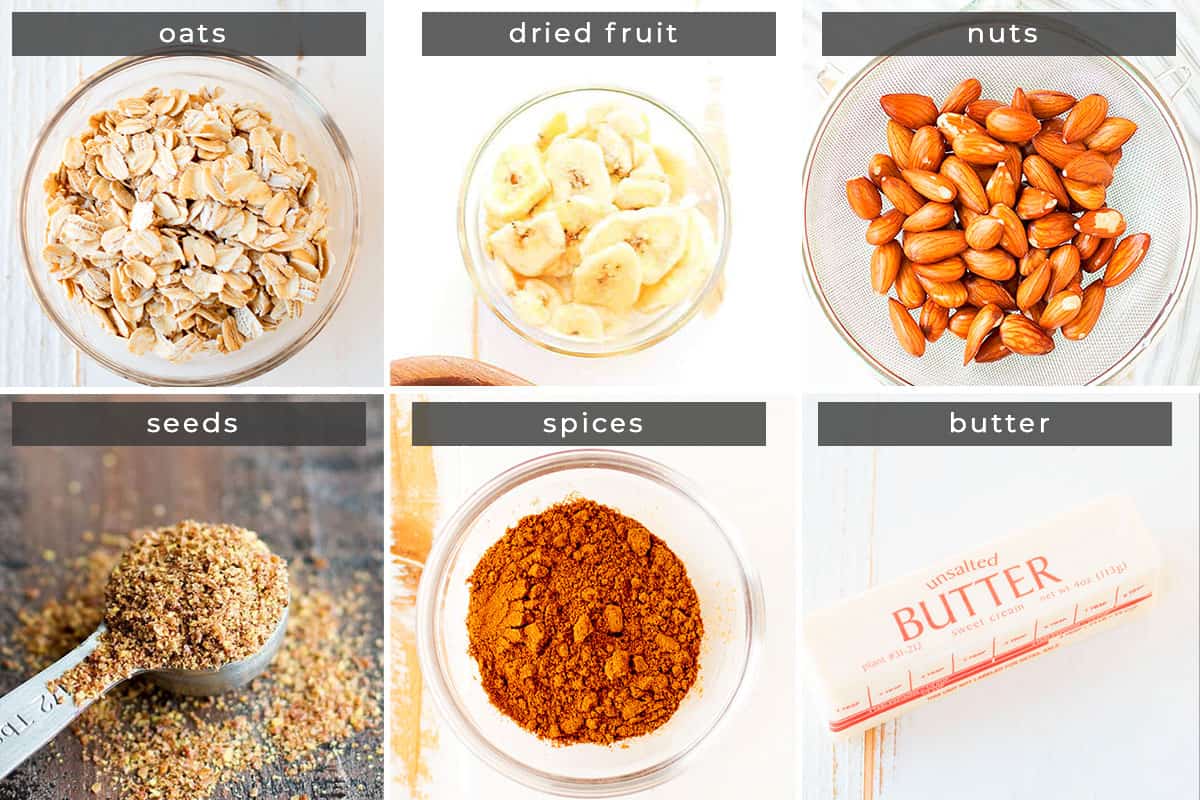 Image containing recipe ingredients oats, dried fruit, nuts, seeds, spices, and butter. 
