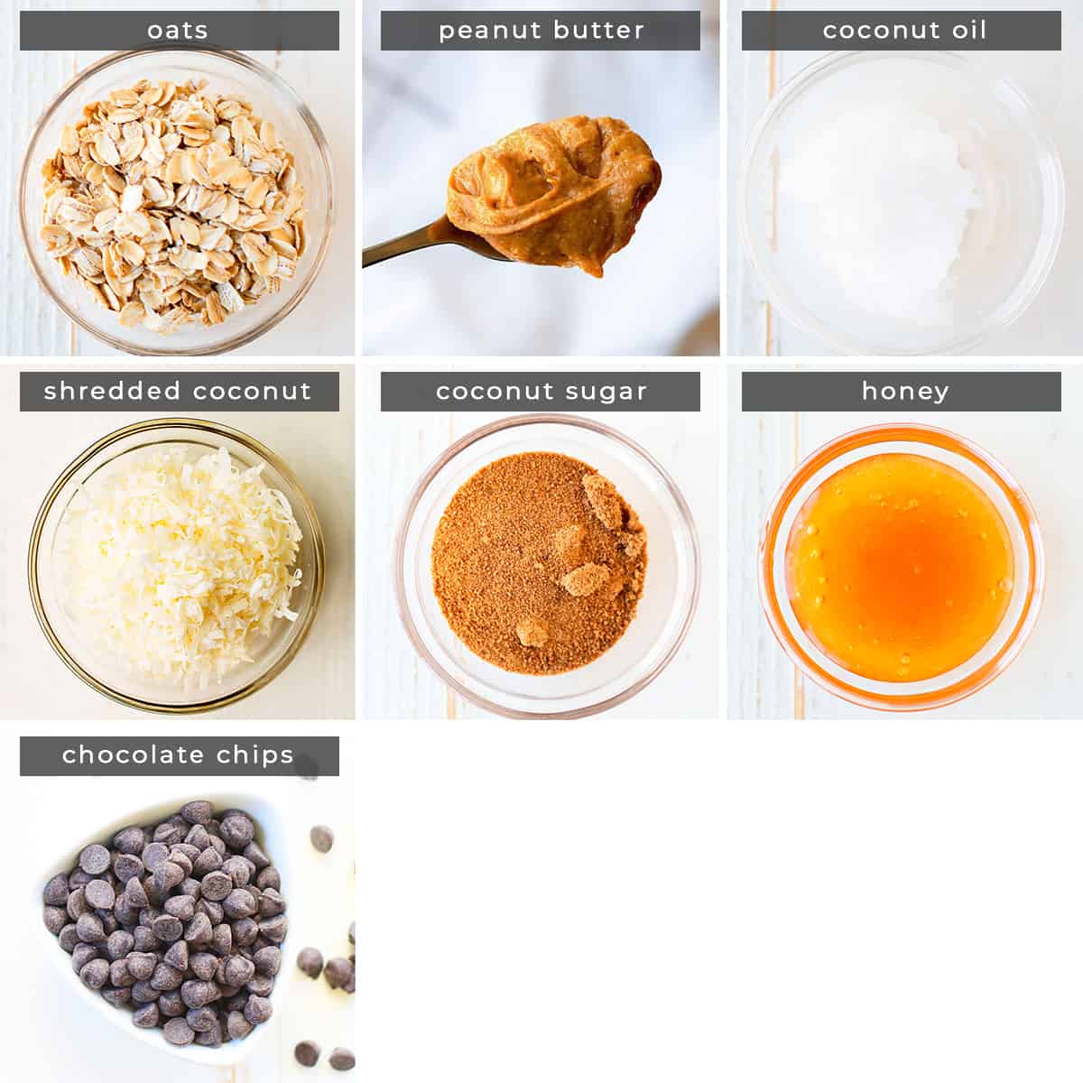 Image showing recipe ingredients oats, peanut butter, coconut oil, shredded coconut, coconut sugar, honey, and chocolate chips.