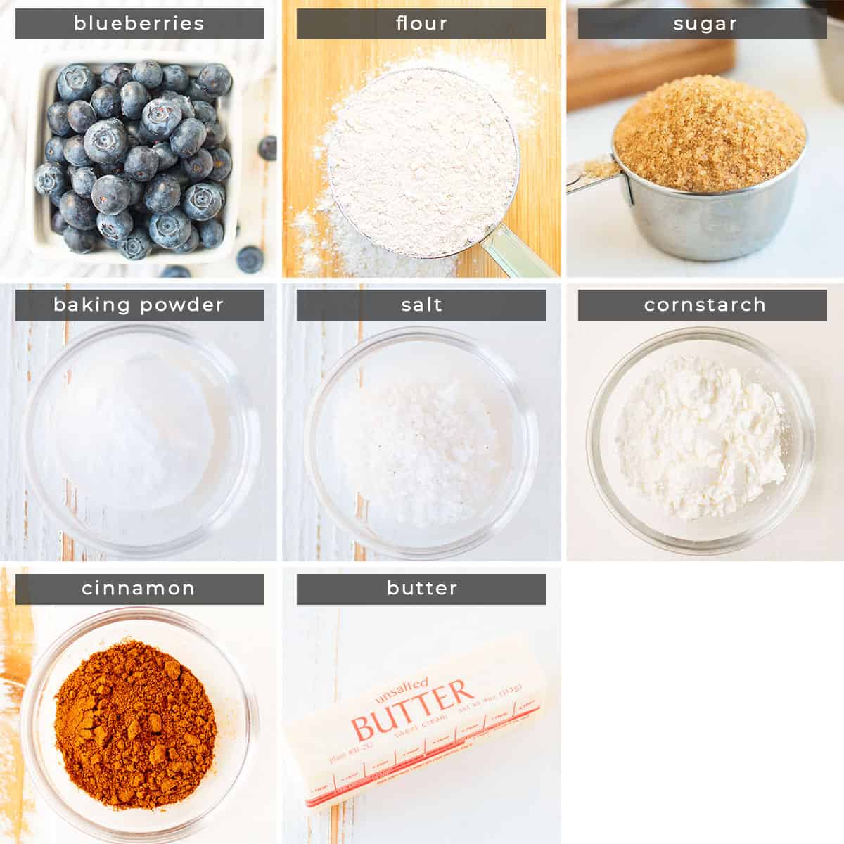 Image containing recipe ingredients blueberries, flour, sugar, baking powder, salt, cornstarch, cinnamon, and butter.