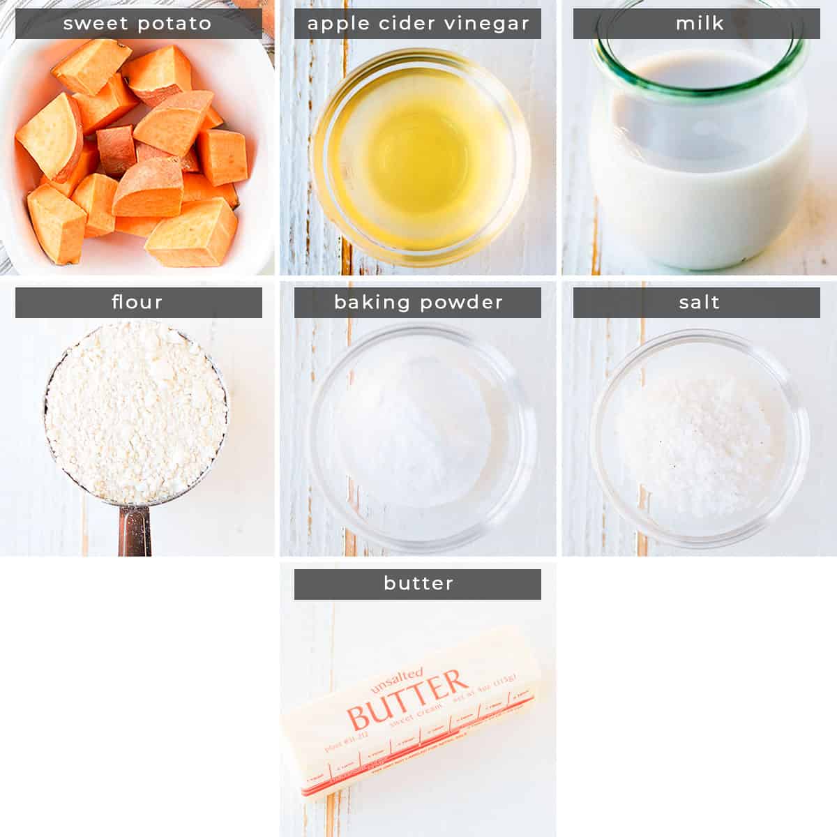 Image containing recipe ingredients sweet potato, apple cider vinegar, milk, flour, baking powder, salt, and butter. 