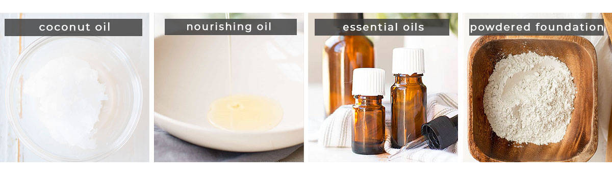 Image containing recipe ingredients coconut oil, nourishing oil, essential oils, and powdered foundation.